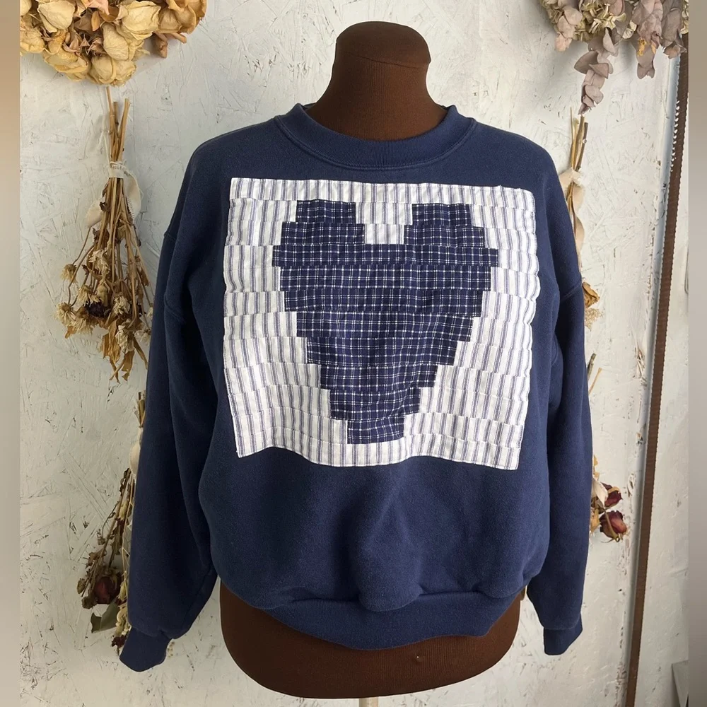 Vintage Quilted Patchwork Cottagecore Grandma Heart Blue Sweater Large - Picture 1 of 5